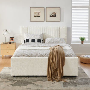 English Elm Queen Chenille Upholstered Storage Bed with Trundle Channel Tufted Headboard Nailhead Detail Beige W1413S00211