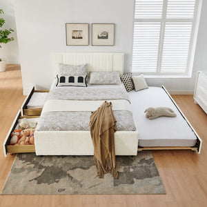 English Elm Queen Chenille Upholstered Storage Bed with Trundle Channel Tufted Headboard Nailhead Detail Beige W1413S00211