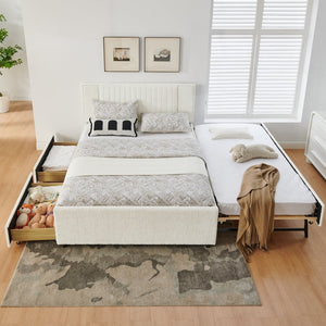English Elm Queen Chenille Upholstered Storage Bed with Trundle Channel Tufted Headboard Nailhead Detail Beige W1413S00211