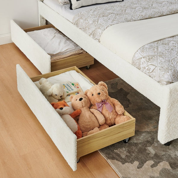English Elm Queen Chenille Upholstered Storage Bed with Trundle Channel Tufted Headboard Nailhead Detail Beige W1413S00211