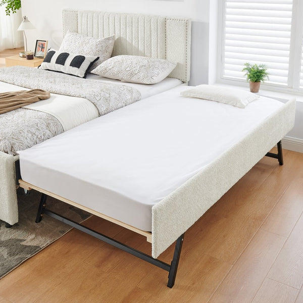English Elm Queen Chenille Upholstered Storage Bed with Trundle Channel Tufted Headboard Nailhead Detail Beige W1413S00211