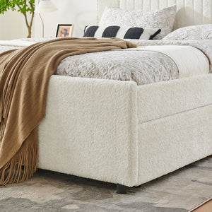 English Elm Queen Chenille Upholstered Storage Bed with Trundle Channel Tufted Headboard Nailhead Detail Beige W1413S00211