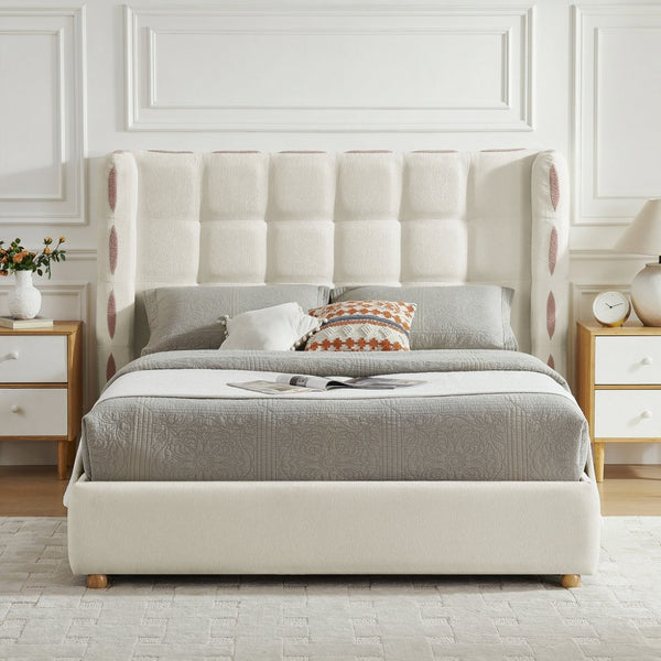 English Elm Queen Wingback Storage Bed Chenille Upholstered Gas Lift Platform with Tufted Headboard White W1413S00212