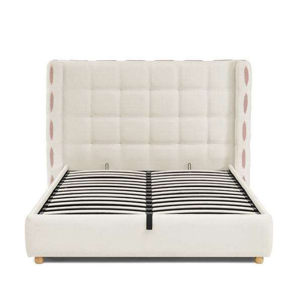 English Elm Queen Wingback Storage Bed Chenille Upholstered Gas Lift Platform with Tufted Headboard White W1413S00212