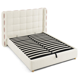 English Elm Queen Wingback Storage Bed Chenille Upholstered Gas Lift Platform with Tufted Headboard White W1413S00212