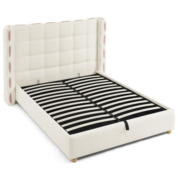 English Elm Queen Wingback Storage Bed Chenille Upholstered Gas Lift Platform with Tufted Headboard White W1413S00212