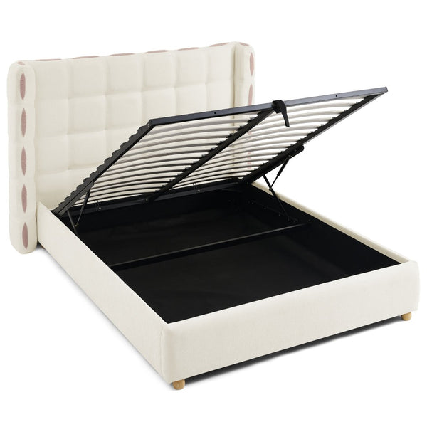 English Elm Queen Wingback Storage Bed Chenille Upholstered Gas Lift Platform with Tufted Headboard White W1413S00212