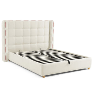 English Elm Queen Wingback Storage Bed Chenille Upholstered Gas Lift Platform with Tufted Headboard White W1413S00212