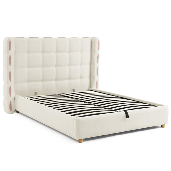 English Elm Queen Wingback Storage Bed Chenille Upholstered Gas Lift Platform with Tufted Headboard White W1413S00212