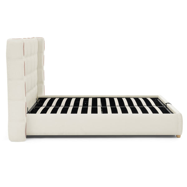 English Elm Queen Wingback Storage Bed Chenille Upholstered Gas Lift Platform with Tufted Headboard White W1413S00212