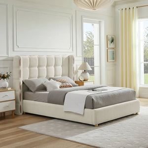 English Elm Queen Wingback Storage Bed Chenille Upholstered Gas Lift Platform with Tufted Headboard White W1413S00212