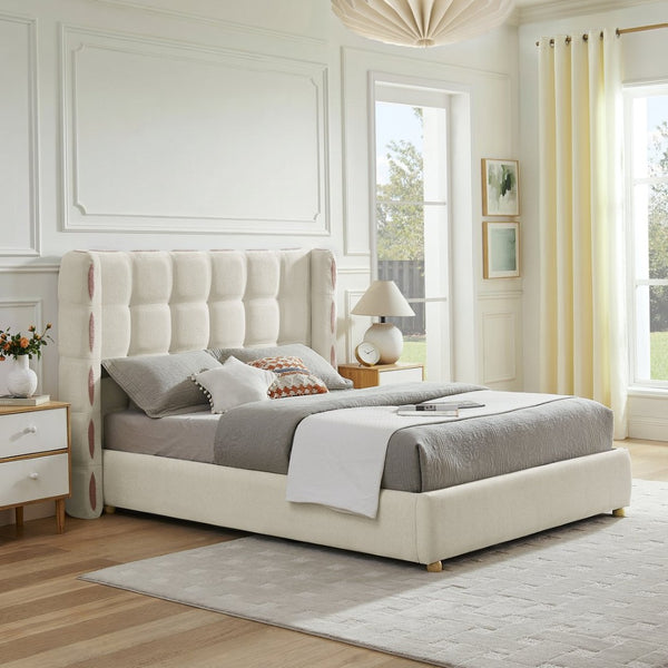 English Elm Queen Wingback Storage Bed Chenille Upholstered Gas Lift Platform with Tufted Headboard White W1413S00212