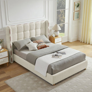 English Elm Queen Wingback Storage Bed Chenille Upholstered Gas Lift Platform with Tufted Headboard White W1413S00212