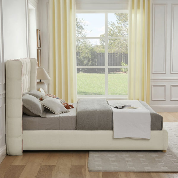English Elm Queen Wingback Storage Bed Chenille Upholstered Gas Lift Platform with Tufted Headboard White W1413S00212