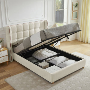 English Elm Queen Wingback Storage Bed Chenille Upholstered Gas Lift Platform with Tufted Headboard White W1413S00212