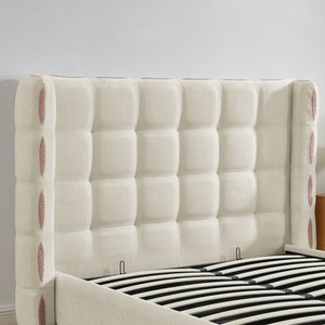 English Elm Queen Wingback Storage Bed Chenille Upholstered Gas Lift Platform with Tufted Headboard White W1413S00212