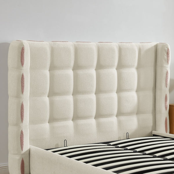 English Elm Queen Wingback Storage Bed Chenille Upholstered Gas Lift Platform with Tufted Headboard White W1413S00212