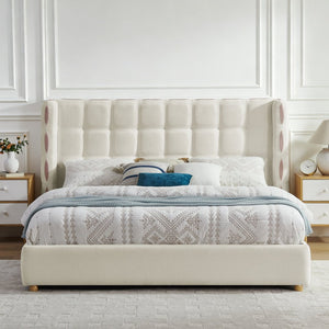 English Elm King Wingback Storage Bed Chenille Upholstered Gas Lift Platform with Tufted Headboard White W1413S00213