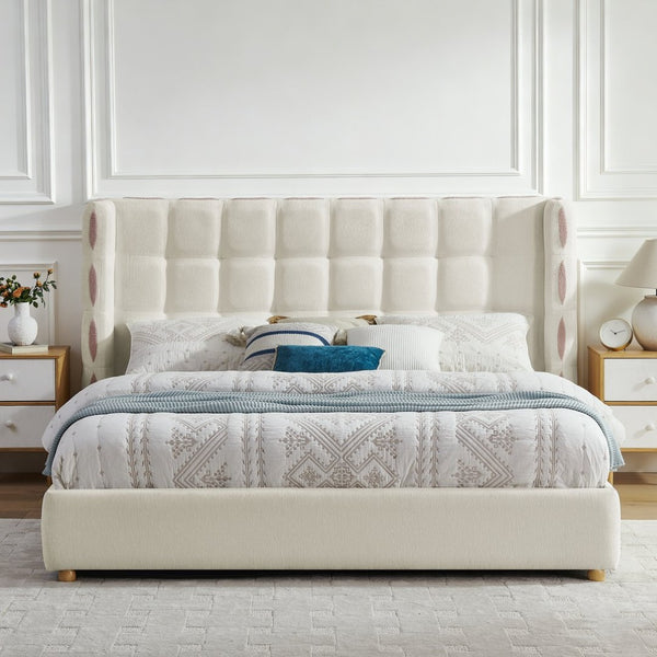 English Elm King Wingback Storage Bed Chenille Upholstered Gas Lift Platform with Tufted Headboard White W1413S00213