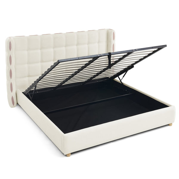 English Elm King Wingback Storage Bed Chenille Upholstered Gas Lift Platform with Tufted Headboard White W1413S00213