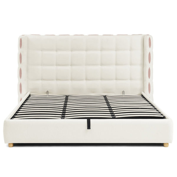 English Elm King Wingback Storage Bed Chenille Upholstered Gas Lift Platform with Tufted Headboard White W1413S00213