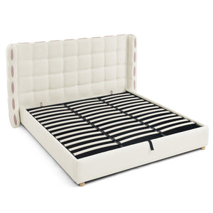 English Elm King Wingback Storage Bed Chenille Upholstered Gas Lift Platform with Tufted Headboard White W1413S00213
