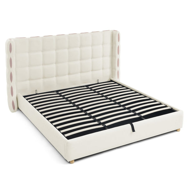 English Elm King Wingback Storage Bed Chenille Upholstered Gas Lift Platform with Tufted Headboard White W1413S00213