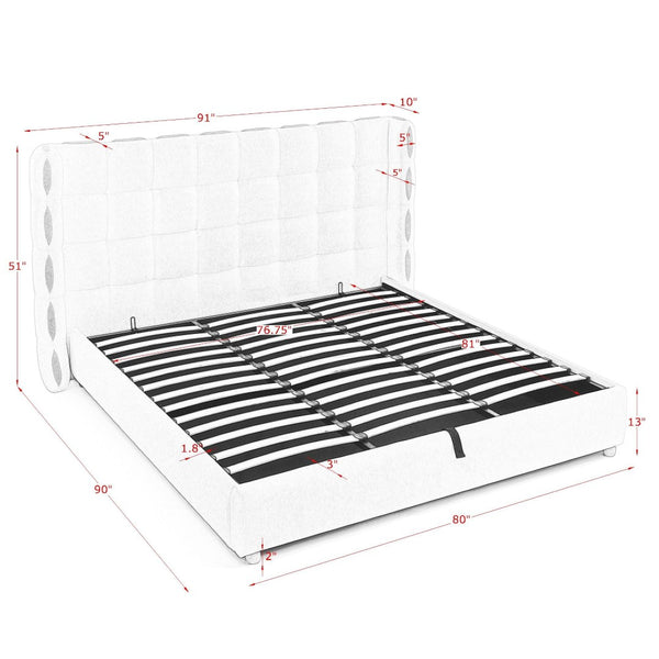 English Elm King Wingback Storage Bed Chenille Upholstered Gas Lift Platform with Tufted Headboard White W1413S00213