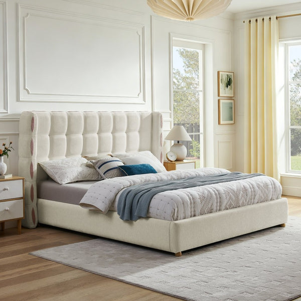 English Elm King Wingback Storage Bed Chenille Upholstered Gas Lift Platform with Tufted Headboard White W1413S00213