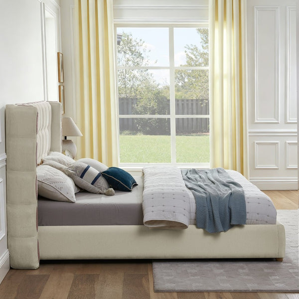 English Elm King Wingback Storage Bed Chenille Upholstered Gas Lift Platform with Tufted Headboard White W1413S00213