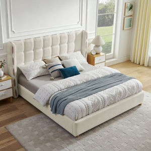 English Elm King Wingback Storage Bed Chenille Upholstered Gas Lift Platform with Tufted Headboard White W1413S00213