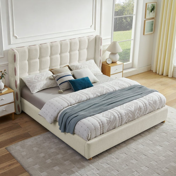 English Elm King Wingback Storage Bed Chenille Upholstered Gas Lift Platform with Tufted Headboard White W1413S00213