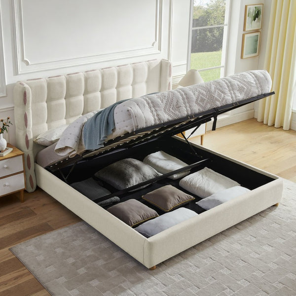 English Elm King Wingback Storage Bed Chenille Upholstered Gas Lift Platform with Tufted Headboard White W1413S00213
