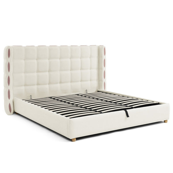 English Elm King Wingback Storage Bed Chenille Upholstered Gas Lift Platform with Tufted Headboard White W1413S00213
