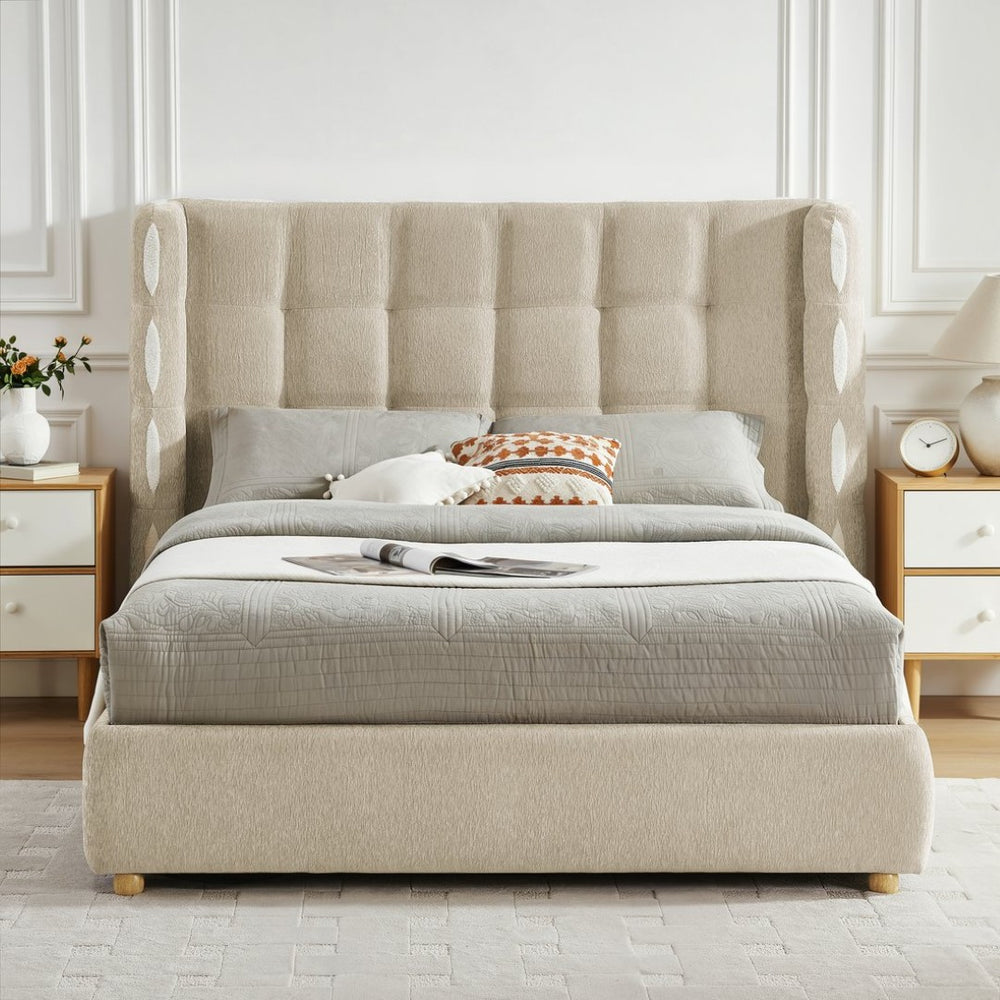 English Elm Queen Wingback Storage Bed Chenille Upholstered Gas Lift Platform with Tufted Headboard Khaki W1413S00214