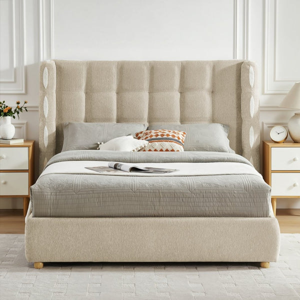 English Elm Queen Wingback Storage Bed Chenille Upholstered Gas Lift Platform with Tufted Headboard Khaki W1413S00214