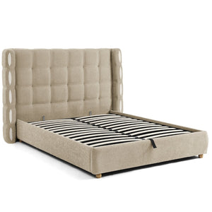 English Elm Queen Wingback Storage Bed Chenille Upholstered Gas Lift Platform with Tufted Headboard Khaki W1413S00214