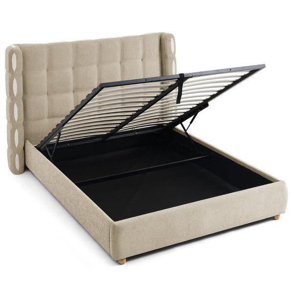English Elm Queen Wingback Storage Bed Chenille Upholstered Gas Lift Platform with Tufted Headboard Khaki W1413S00214