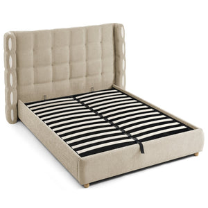 English Elm Queen Wingback Storage Bed Chenille Upholstered Gas Lift Platform with Tufted Headboard Khaki W1413S00214