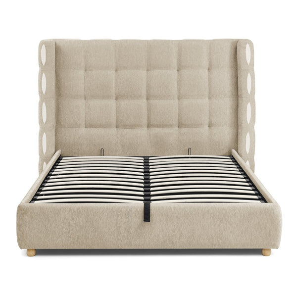 English Elm Queen Wingback Storage Bed Chenille Upholstered Gas Lift Platform with Tufted Headboard Khaki W1413S00214