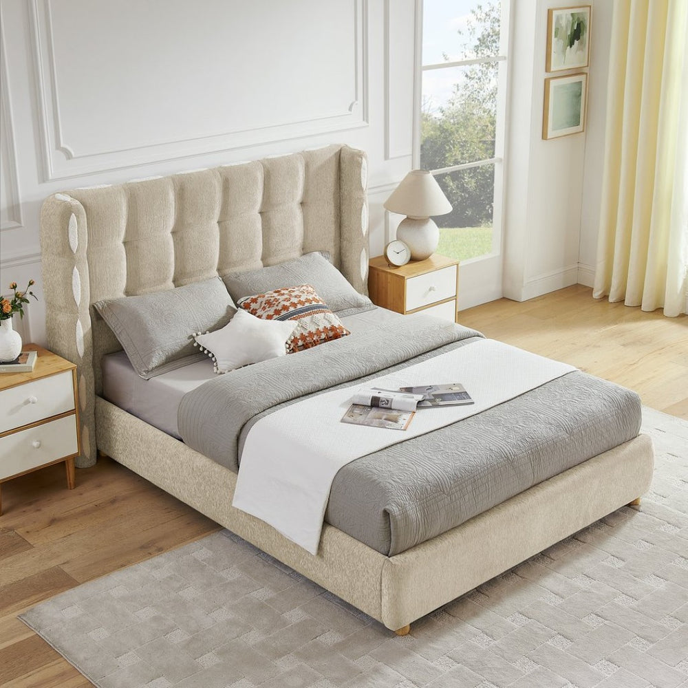 English Elm Queen Wingback Storage Bed Chenille Upholstered Gas Lift Platform with Tufted Headboard Khaki W1413S00214