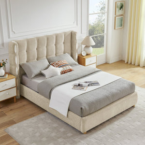 English Elm Queen Wingback Storage Bed Chenille Upholstered Gas Lift Platform with Tufted Headboard Khaki W1413S00214