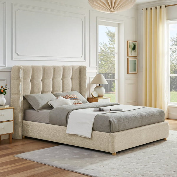 English Elm Queen Wingback Storage Bed Chenille Upholstered Gas Lift Platform with Tufted Headboard Khaki W1413S00214