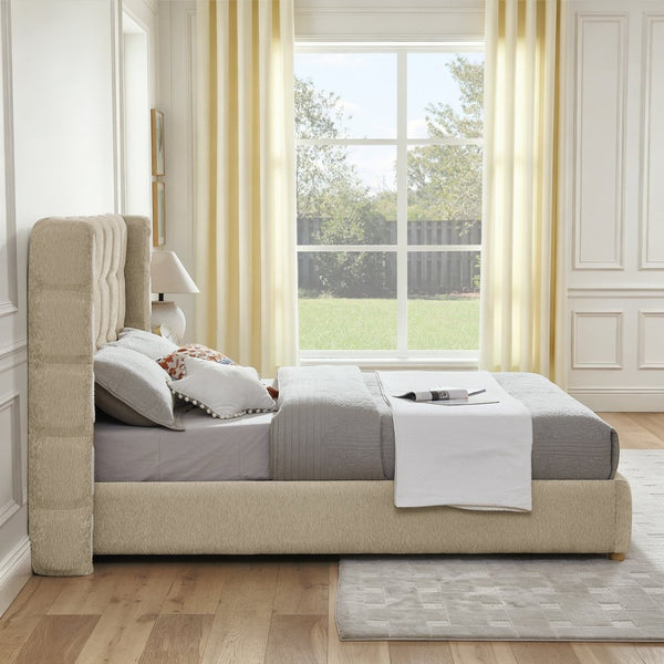 English Elm Queen Wingback Storage Bed Chenille Upholstered Gas Lift Platform with Tufted Headboard Khaki W1413S00214