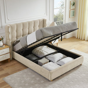 English Elm Queen Wingback Storage Bed Chenille Upholstered Gas Lift Platform with Tufted Headboard Khaki W1413S00214