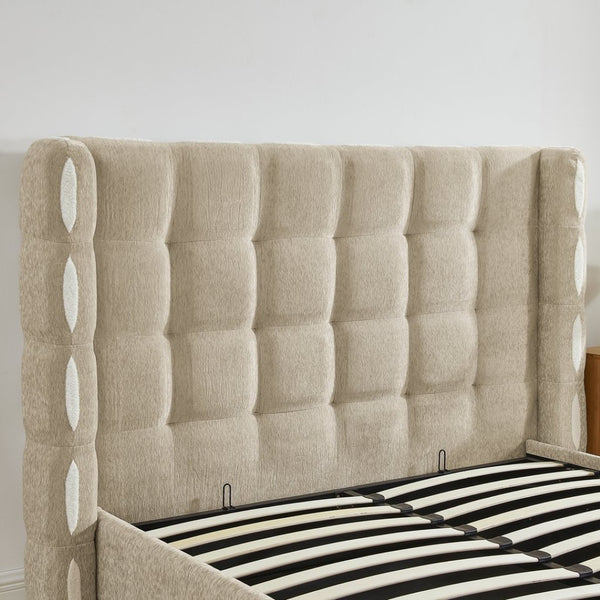 English Elm Queen Wingback Storage Bed Chenille Upholstered Gas Lift Platform with Tufted Headboard Khaki W1413S00214
