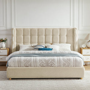 English Elm King Wingback Storage Bed Chenille Upholstered Gas Lift Platform with Tufted Headboard Khaki W1413S00215