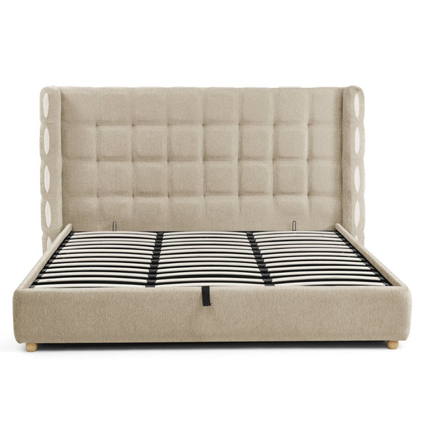 English Elm King Wingback Storage Bed Chenille Upholstered Gas Lift Platform with Tufted Headboard Khaki W1413S00215