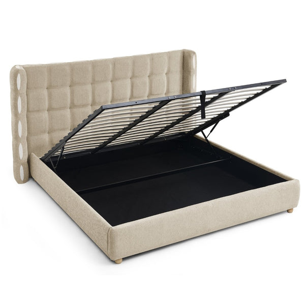 English Elm King Wingback Storage Bed Chenille Upholstered Gas Lift Platform with Tufted Headboard Khaki W1413S00215