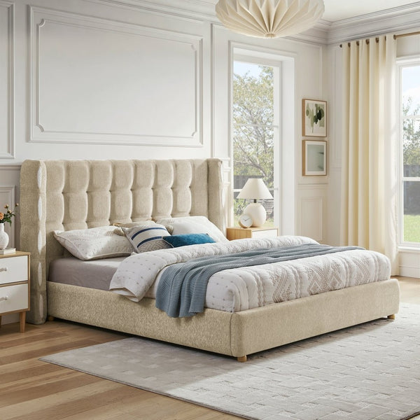English Elm King Wingback Storage Bed Chenille Upholstered Gas Lift Platform with Tufted Headboard Khaki W1413S00215